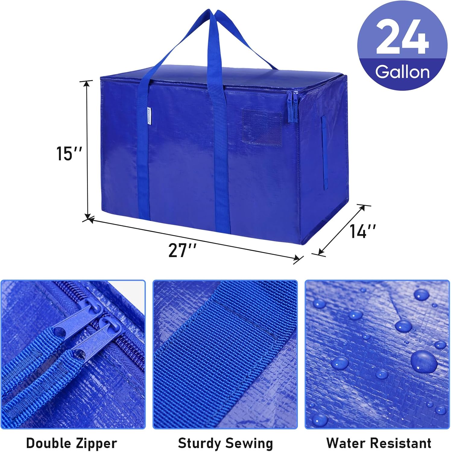 TICONN Extra Large Heavy-Duty Moving Bags - Durable Storage with Zippers & Handles | 8 Pack, Blue