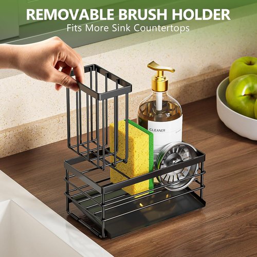 Cisily Sink Caddy - Rustproof Kitchen Organizer with Brush Holder & Self-Drain Tray | Black