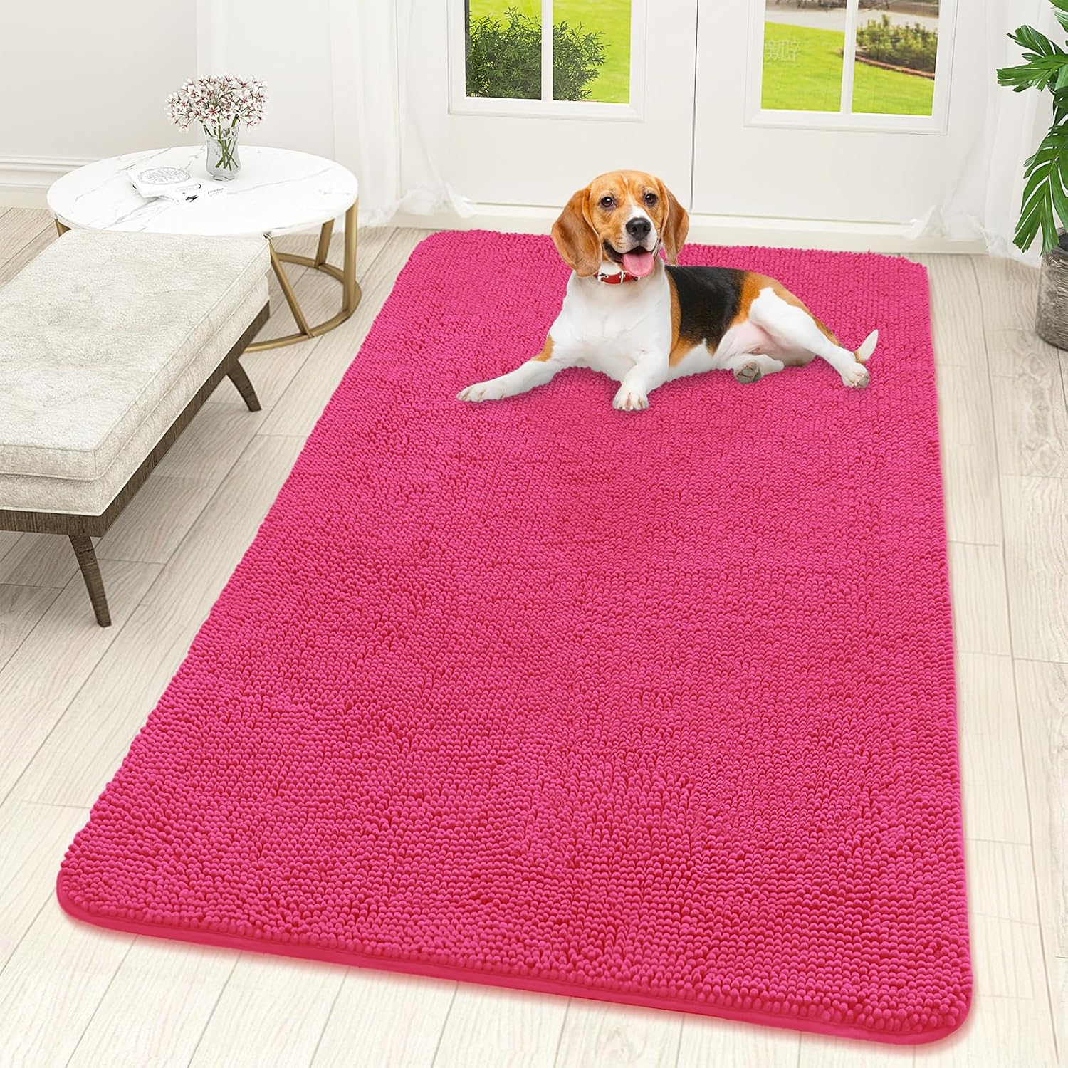 OLANLY Dog Door Mat - Absorbent Non-Slip Mud Mat for Dogs | 59x32, Quick Dry Chenille in Hot Pink