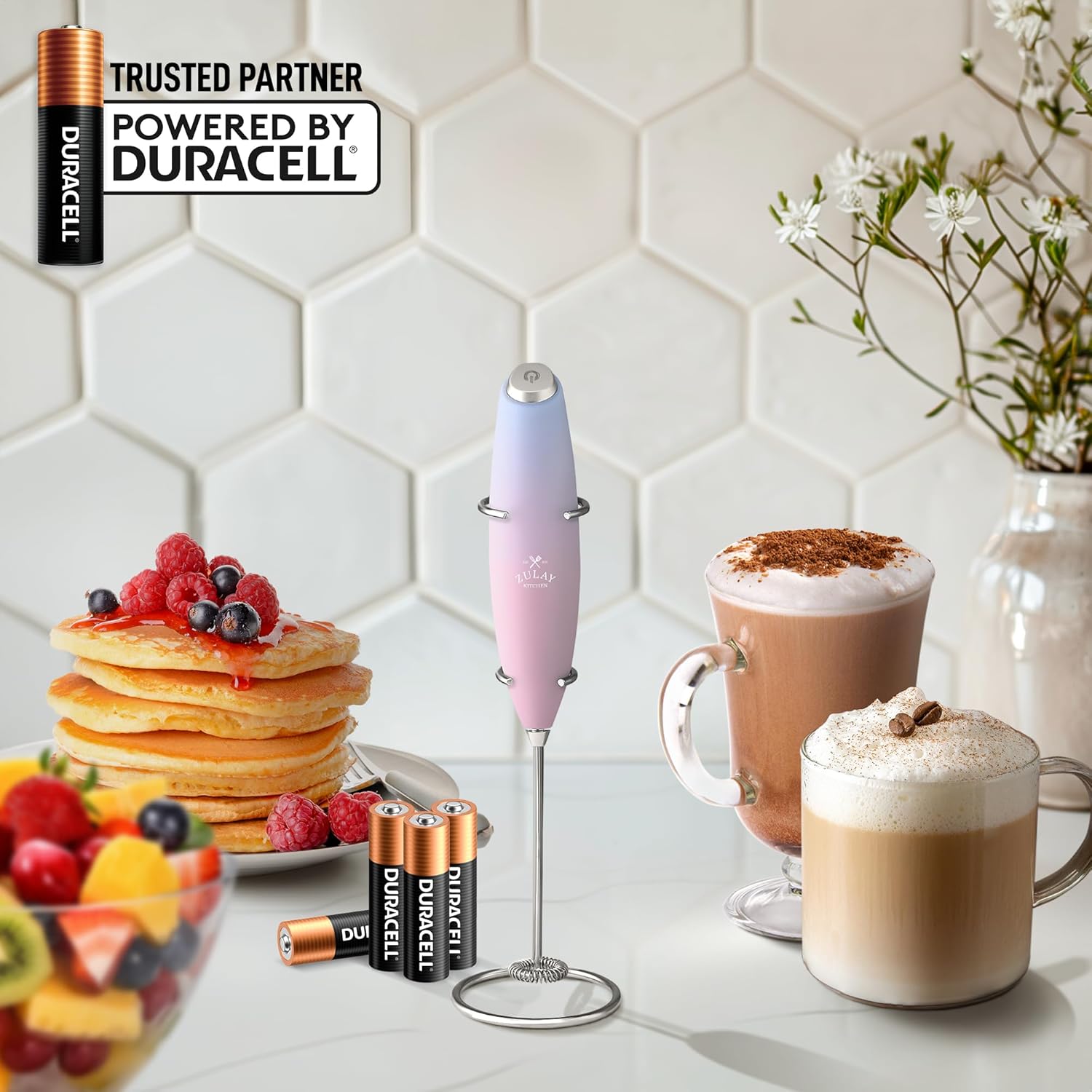 Zulay Kitchen Milk Frother Wand - Ultra-Fast Handheld Drink Mixer with 4 AA Batteries - Lavender Blush