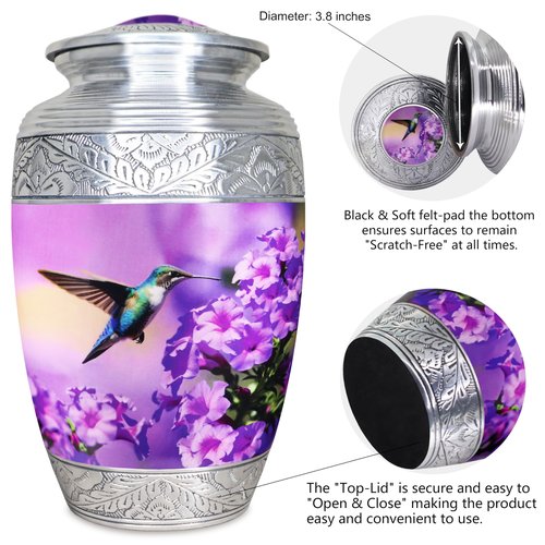 M MEILINXU Urn for Ashes for Women & Man, Cremation Urns for Human Ashes Adult Female & Male, Funeral Decorative, Engraving Urn, Purple Flower and Hummingbird - Large Full Size