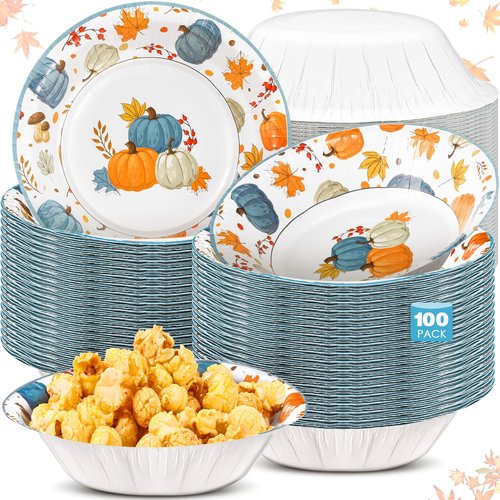 Sliner 100 Pcs 16 oz Thanksgiving Paper Bowl Pumpkin Autumn Maple Leaves Disposable Fall Thanksgiving Soup Bowl for Holiday Party Snack Dessert Salad Milk Cereal Serving Catering Event Supplies