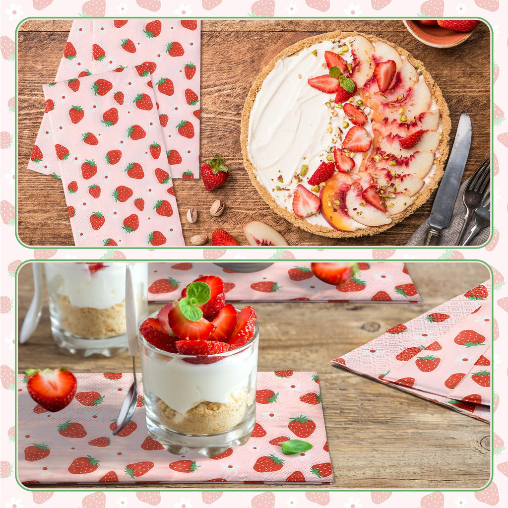 Janlaugh 100 Pcs Strawberry Paper Napkins Set Disposable Summer Fruit Paper Napkins Pink for Berry Sweet Strawberry Decoration Catering Event Birthday Summer Party Supplies
