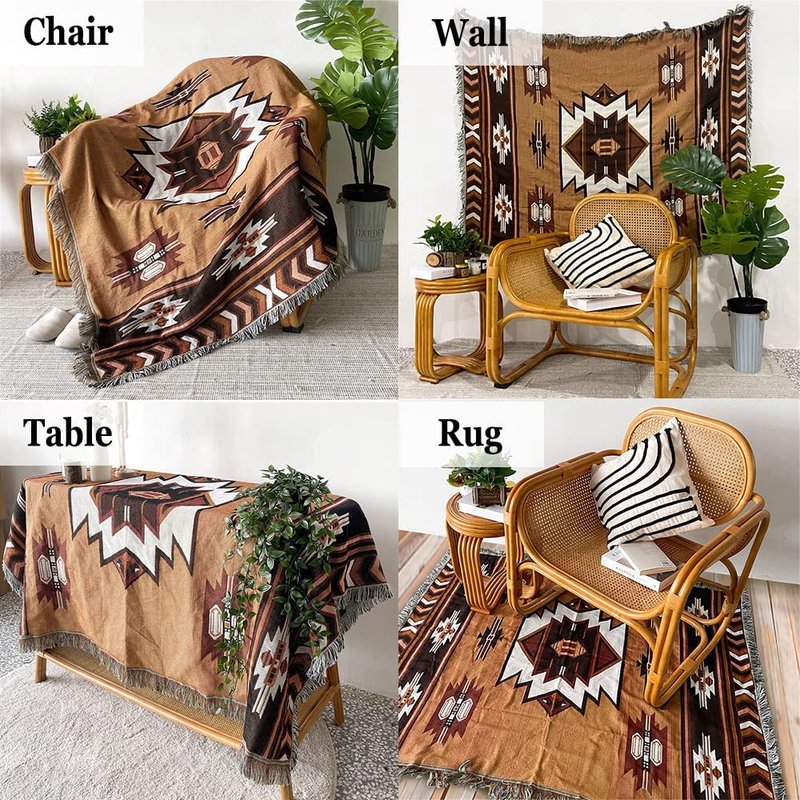 CCHYF Aztec Throw Blanket Native American Blanket Southwestern Boho Decor Reversible Woven Tassels Mexican Blankets and Throws for Couch Bed Chair Wall Livingroom Outdoor Travel Brown 63"x87"