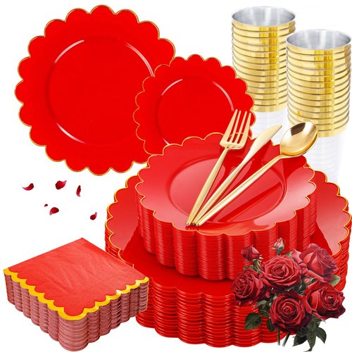 LIYH 210 Pcs Red Plastic Plates - Red Disposable Plates and Napkins Set, Gold Scalloped Plastic Plate Include Dinner & Dessert Plate, Silverware, Cups for Valentine's Day 30 Guests