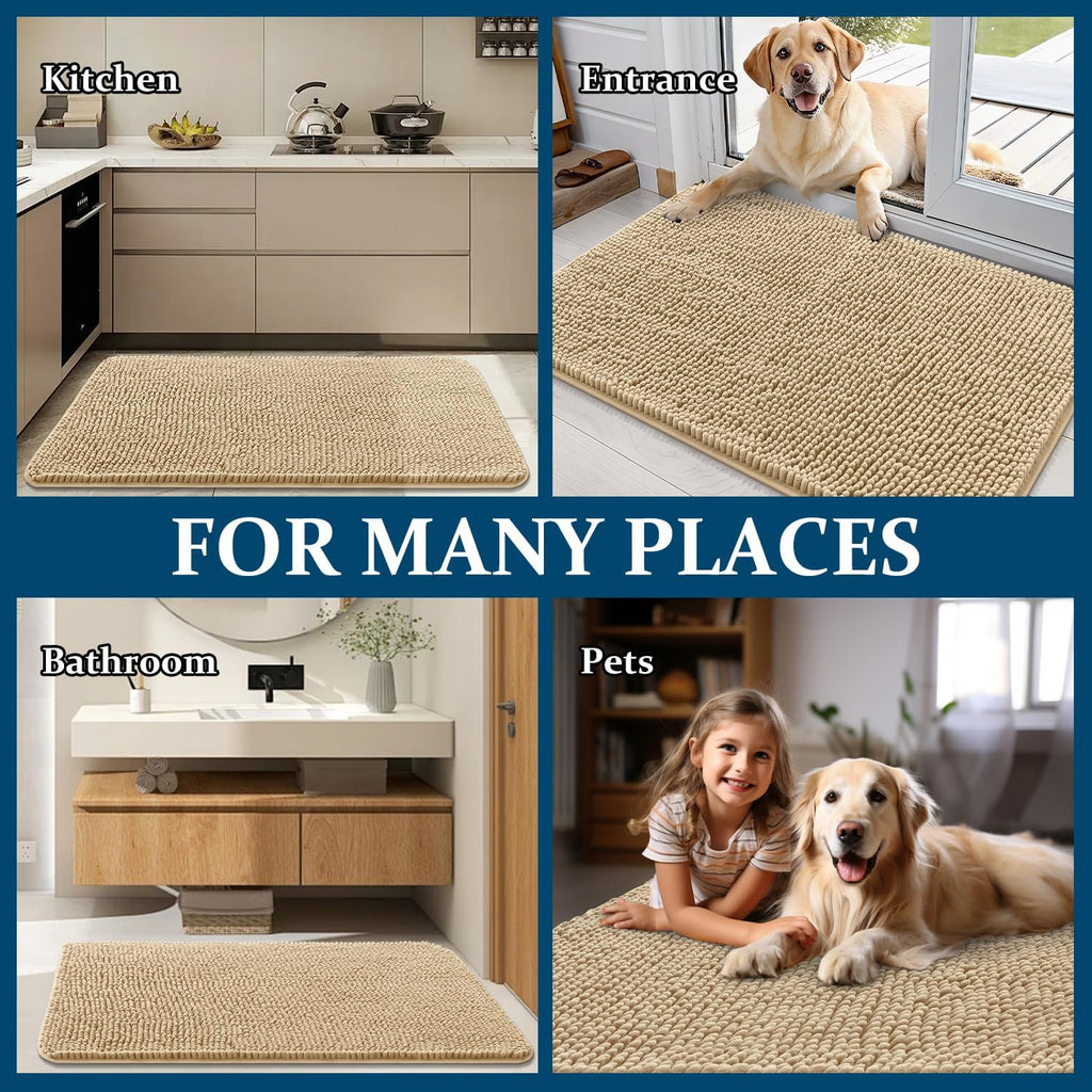 OLANLY Dog Door Mat - Absorbent Non-Slip Chenille Mat for Muddy Paws | 59x20 Inches, Quick Dry, Beige