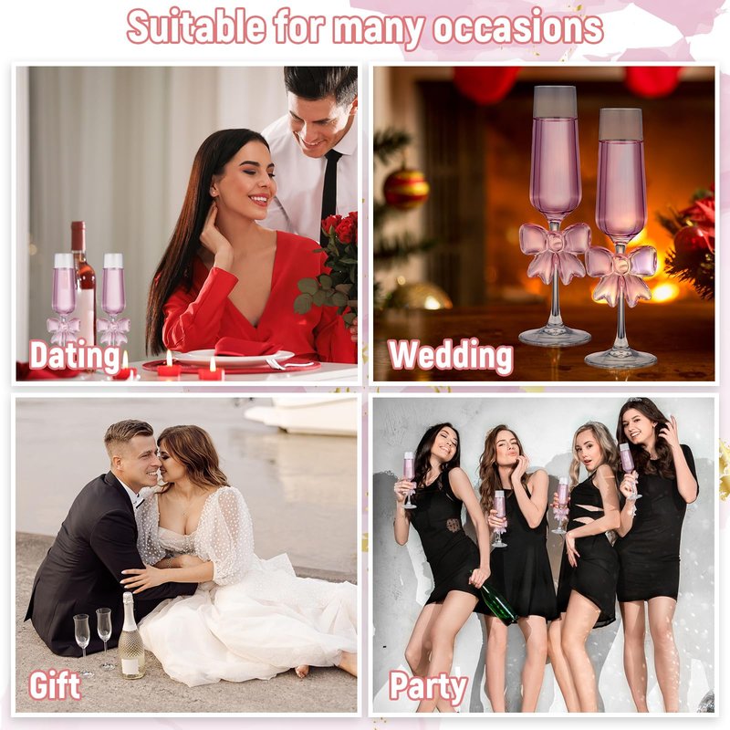 Reallnaive Wedding Champagne Flutes, 2 Pcs Pink Bow Coquette Glasses with Reinforced Stems, 8 oz Cute Feet Champagne Glasses for Wedding Engagement Bridal Shower Party Gifts(Cute Feet)