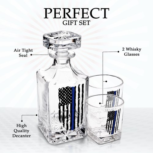 Rogue River Tactical Blue Line Tattered Flag Police Officer Whiskey Decanter Gift Set With 2 Glasses Custom Gift For Men Dad Father's Day PD Police Officer
