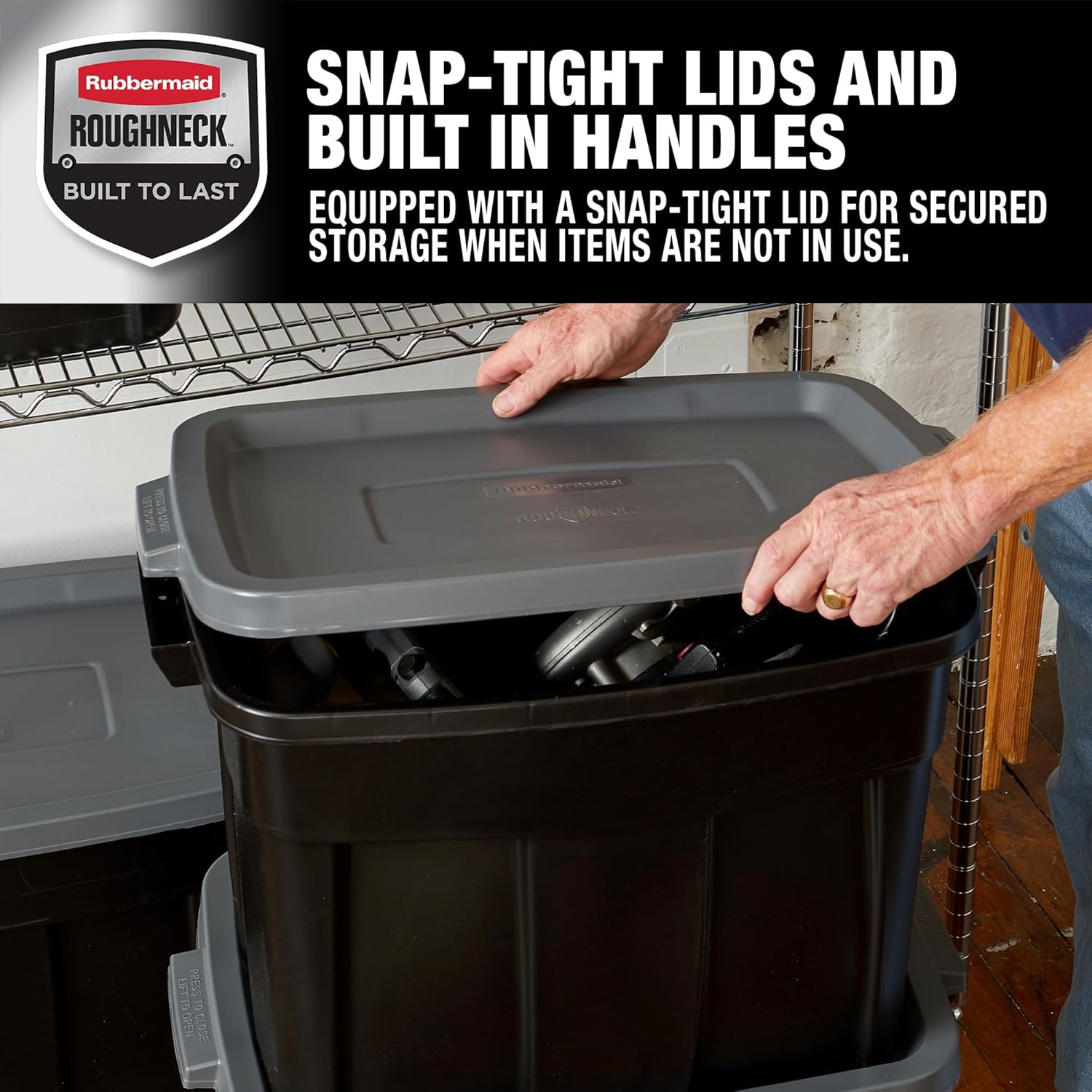 Rubbermaid 18 GAL Heavy-Duty Garage Storage Bins | Stackable Lids, Durable Plastic, Solid Black & Grey