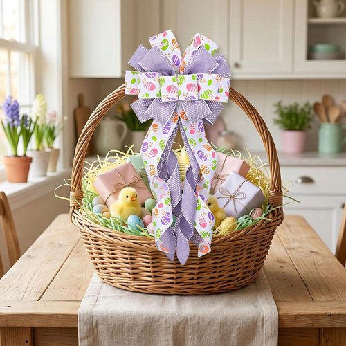 Estivaux Large Easter Wreath Bow - Purple & White Burlap with Floral Eggs | Spring Door Decor