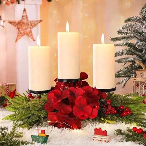 LemonRoad Christmas Table Centerpiece - 24 Inch Artificial Hydrangea Candelabrum with Candle Holders, Pine Needles & Berries
