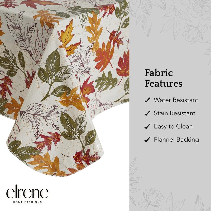 Elrene Home Fashions Harvest Vintage Leaves Water- and Stain-Resistant Vinyl Tablecloth with Flannel Backing, 52"x52" Square