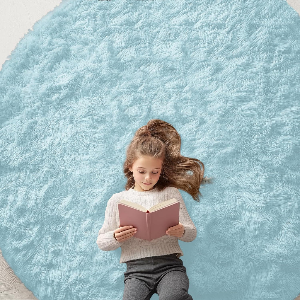 OLANLY Round Light Blue Area Rug - Soft, Fluffy, Machine Washable 7 ft Carpet for Bedroom & Nursery Decor