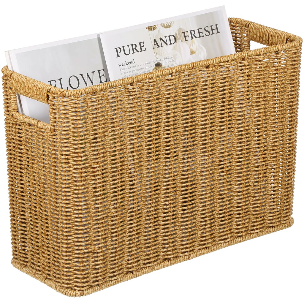 Alipis Magazine Wicker Basket Plastic Rectangular Basket Bins Woven Files Holder Bin Books Organizer Case Farmhouse Standing Rack For Shelf Home Office Coffee