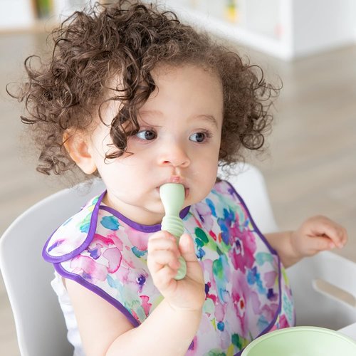 Bumkins Silicone Baby Utensil Set - Soft Tip Trainer Spoons for Self-Feeding | 3-Pack in Blue & Green