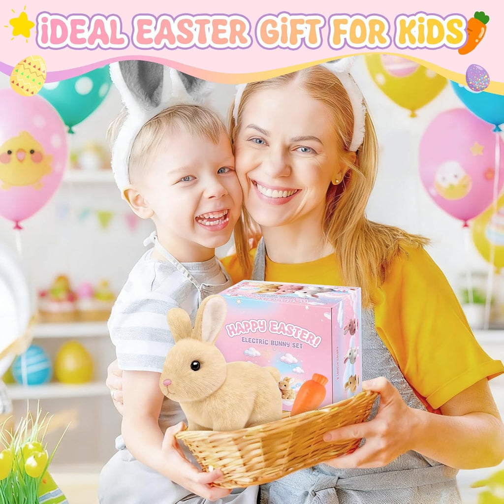 Skiennix Realistic Bunny Toy - Interactive Hopping Rabbit Set with Headband, Electric Sounds & Movements, Brown