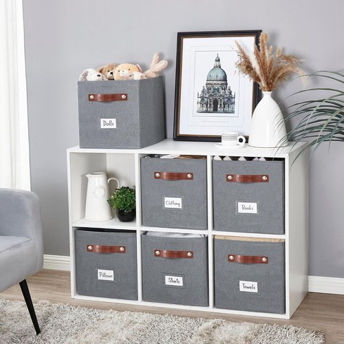 DECOMOMO Storage Bins - Fabric Cube Storage Bins with Labels | 11" Texture Grey, Set of 6