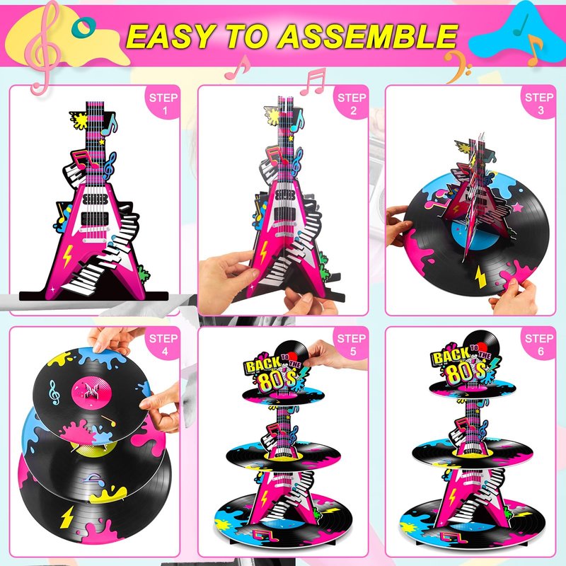 Ben Louis 3 Tier 80s Cupcake Stand Party Decorations Back to The 80's Theme Holder Retro 1980s Hip Hop Dessert Tower Birthday Cake for Neon Rock Hippie Supplies