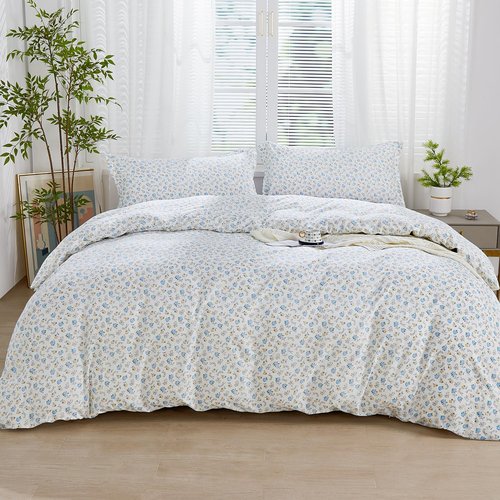 SAPHREAS Blue Yellow White Floral Duvet Cover Set Soft Microfiber Bedding Set Garden Style Spring 3pcs King Size 1 Duvet Cover with Zipper Closure 8 Ties 2 Pillow Shams