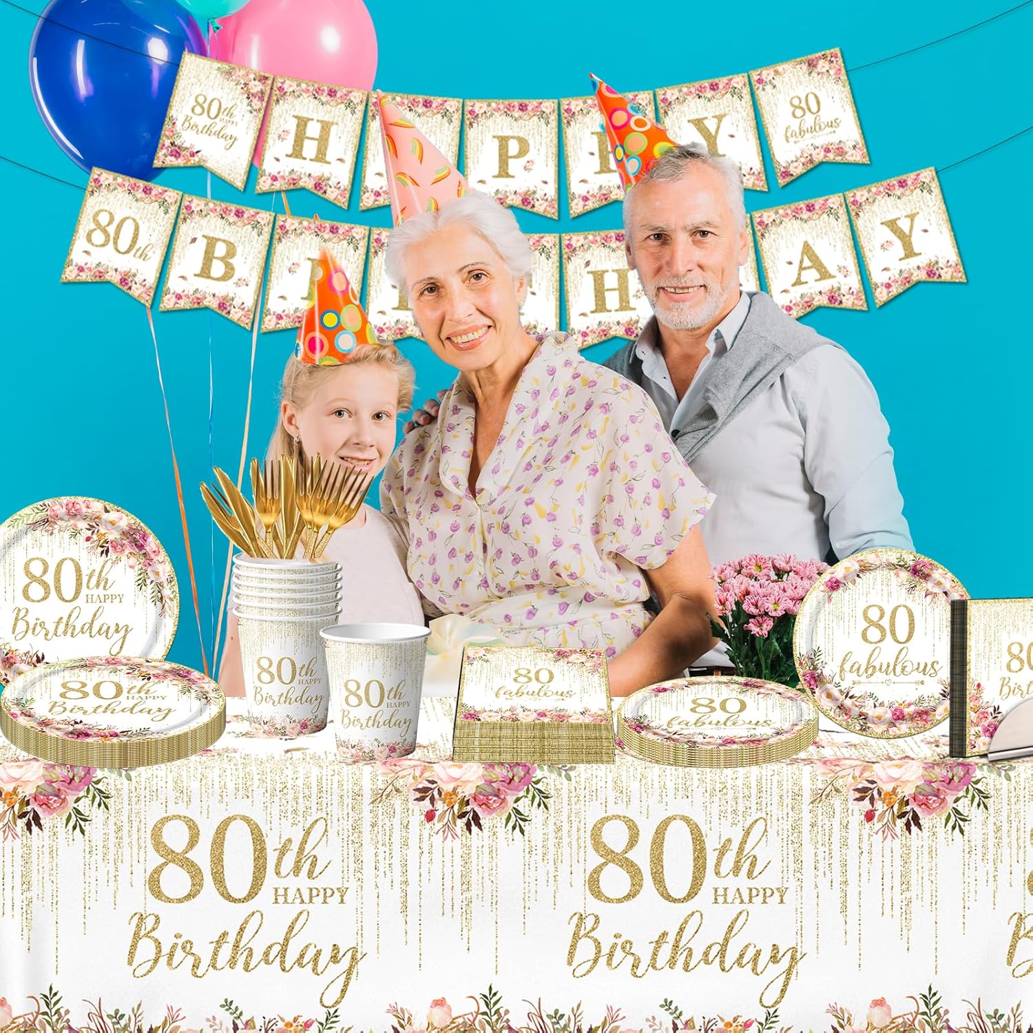 Regine Switzerland 80th Birthday Party Tableware Set - 142 Pcs Rose Gold Decorations | Plates, Napkins, Tablecloth & Banner