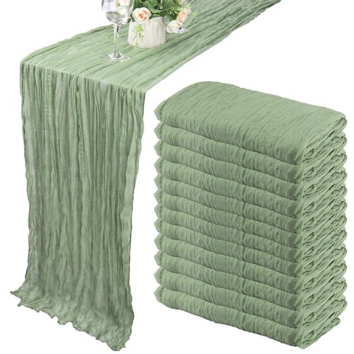 12 Pack 13Ft Cheesecloth Table Runner 35x157 Inch Boho Gauze Table Runner Cheese Cloth Long Rustic Table Runners for Wedding Bridal Shower Birthday Party Table Decor (Dusty Sage Green)