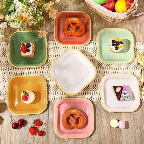 Tiangrid 60 Pcs Boho Colorful Paper Plates 7 Inch Gradient Disposable Square Dessert Party Plates with Gold Edge for Birthday Wedding Bridal Baby Shower Party Supplies, 6 Colors