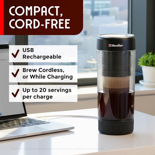 Mueller RapidBrew Cold Brew Iced Coffee Maker - Fast 10-Minute Brewing | Portable & Rechargeable, 20 Servings, Black