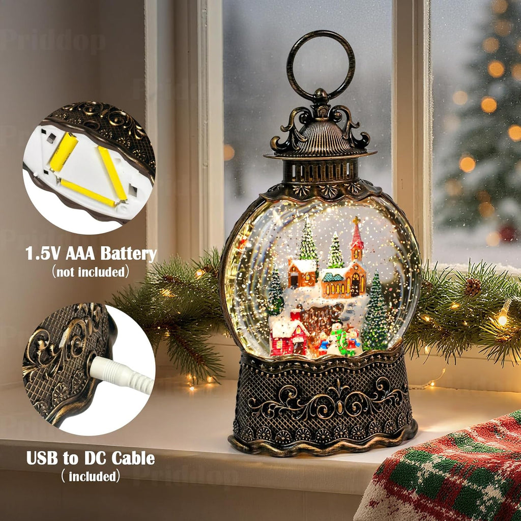 Priddop Village Snow Globe - Musical Christmas Decoration with Snowman Scene | 10.6 Inch USB/Battery Timer