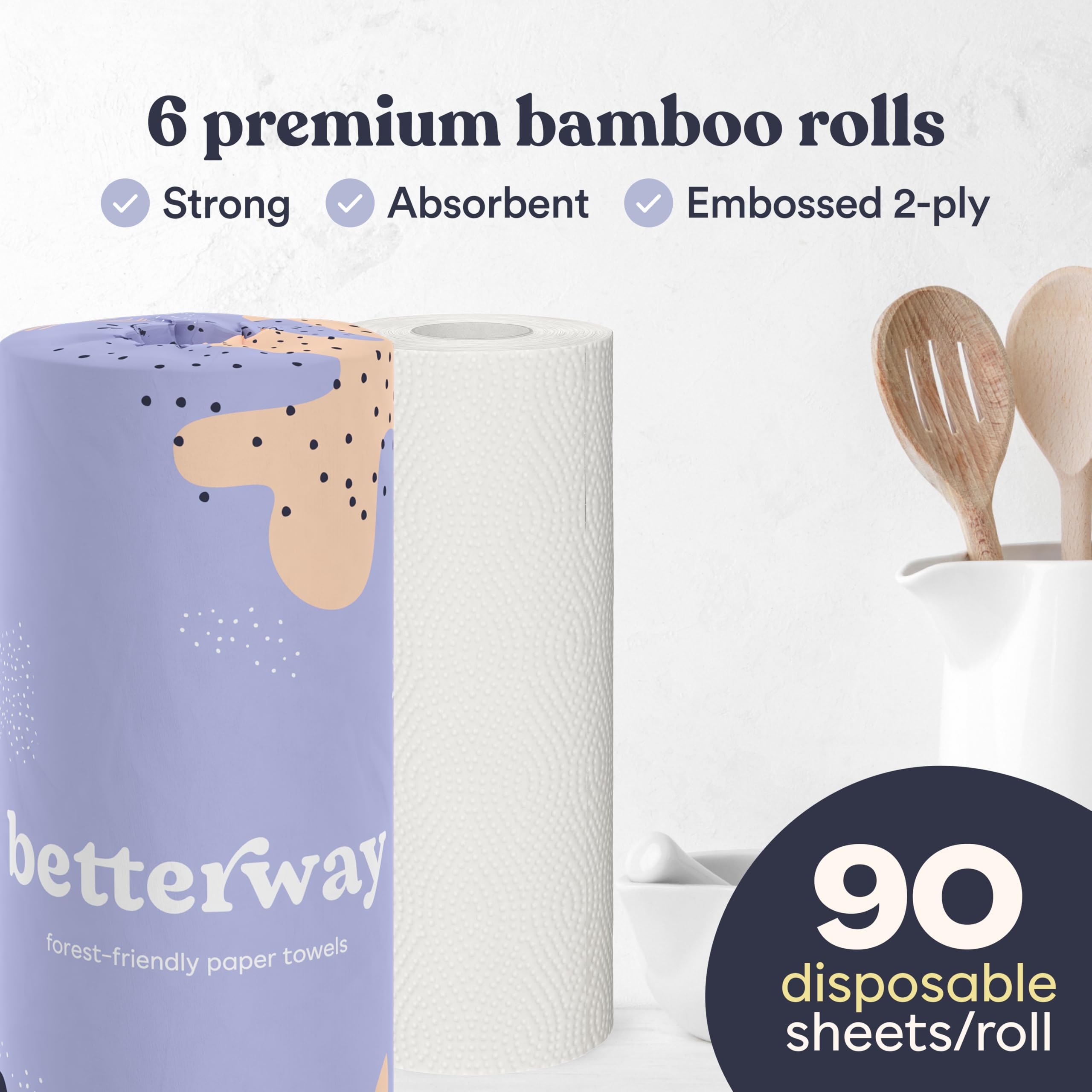 Betterway Bamboo Paper Towels - 6 Rolls, 2 Ply - Plastic Free, Disposable Kitchen Paper Towels - Select Size, Tree Free, Compostable, Strong & Absorbent, No Dyes - PFAS Free