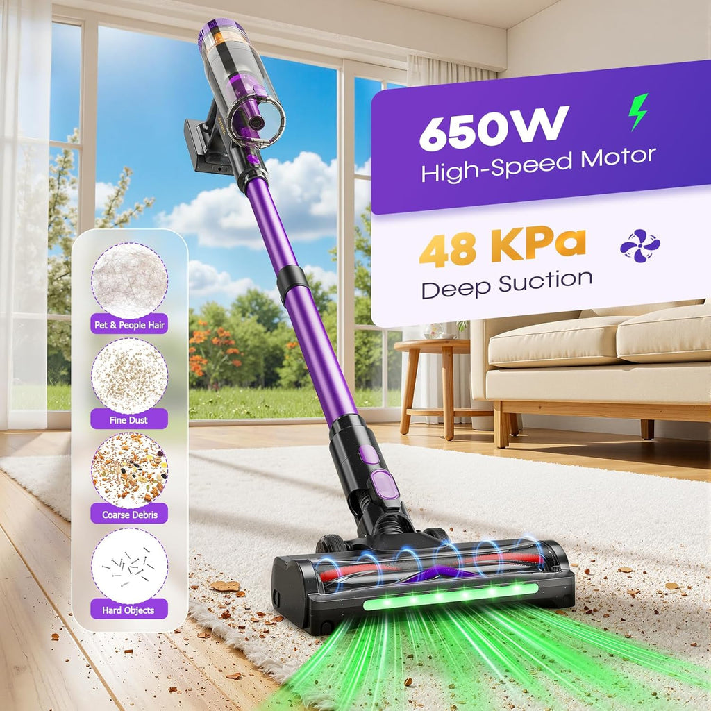 Skiennix Cordless Vacuum Cleaner - 650W 48KPa Lightweight Stick Vacuum for Home | LED Display, Anti-Tangle, Rechargeable for Pet Hair & Carpet