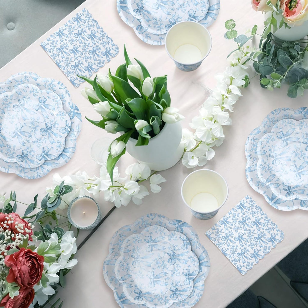 Newtay Disposable Tableware Set - 250 Pcs Blue Floral Plates & Napkins for 50 Guests | Perfect for Weddings & Showers