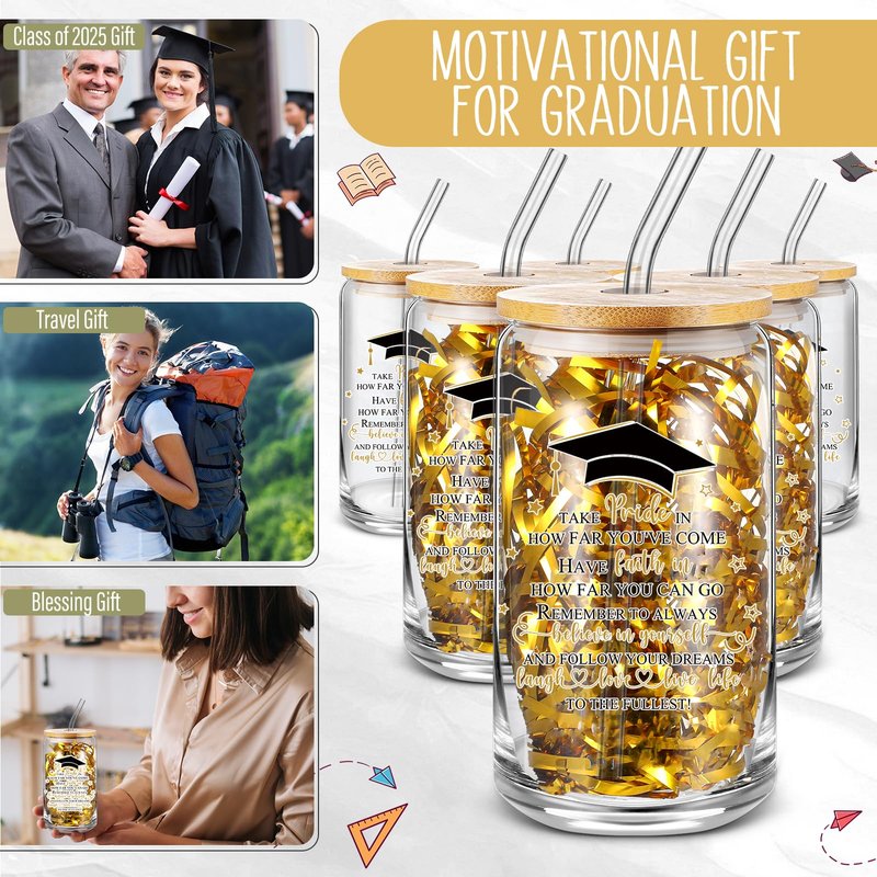 FoldTier 24 Pcs Graduation Gifts Glass Cup Class of 2026 Bulk 16 oz Drinking Cup with Lid and Straw College Her Him Graduate Gift Coffee Cup for Teen High School Grad Party Favor (Gold)