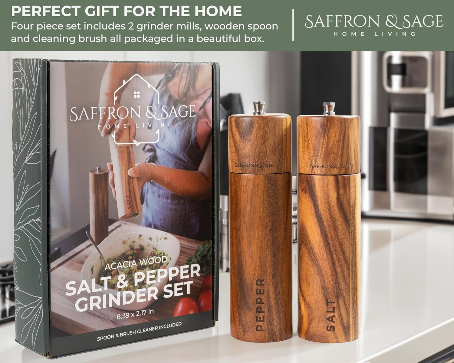 Saffron & Sage Premium Acacia Wood Salt and Pepper Grinder Set | 8” Tall with Adjustable Coarse Settings