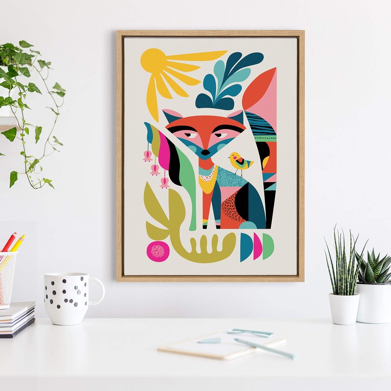 Kate and Laurel Sylvie Mid Century Modern Fox Framed Canvas Wall Art by Rachel Lee of My Dream Wall, 18x24 Natural, Modern Art for Wall