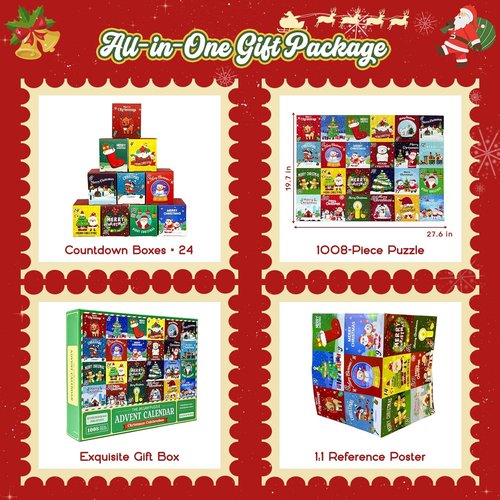 Advent Calendar 2024 | Kids Jigsaw Puzzle - 1008-Piece Christmas Countdown with 24 Cute Patterns, 27.6x19.7In