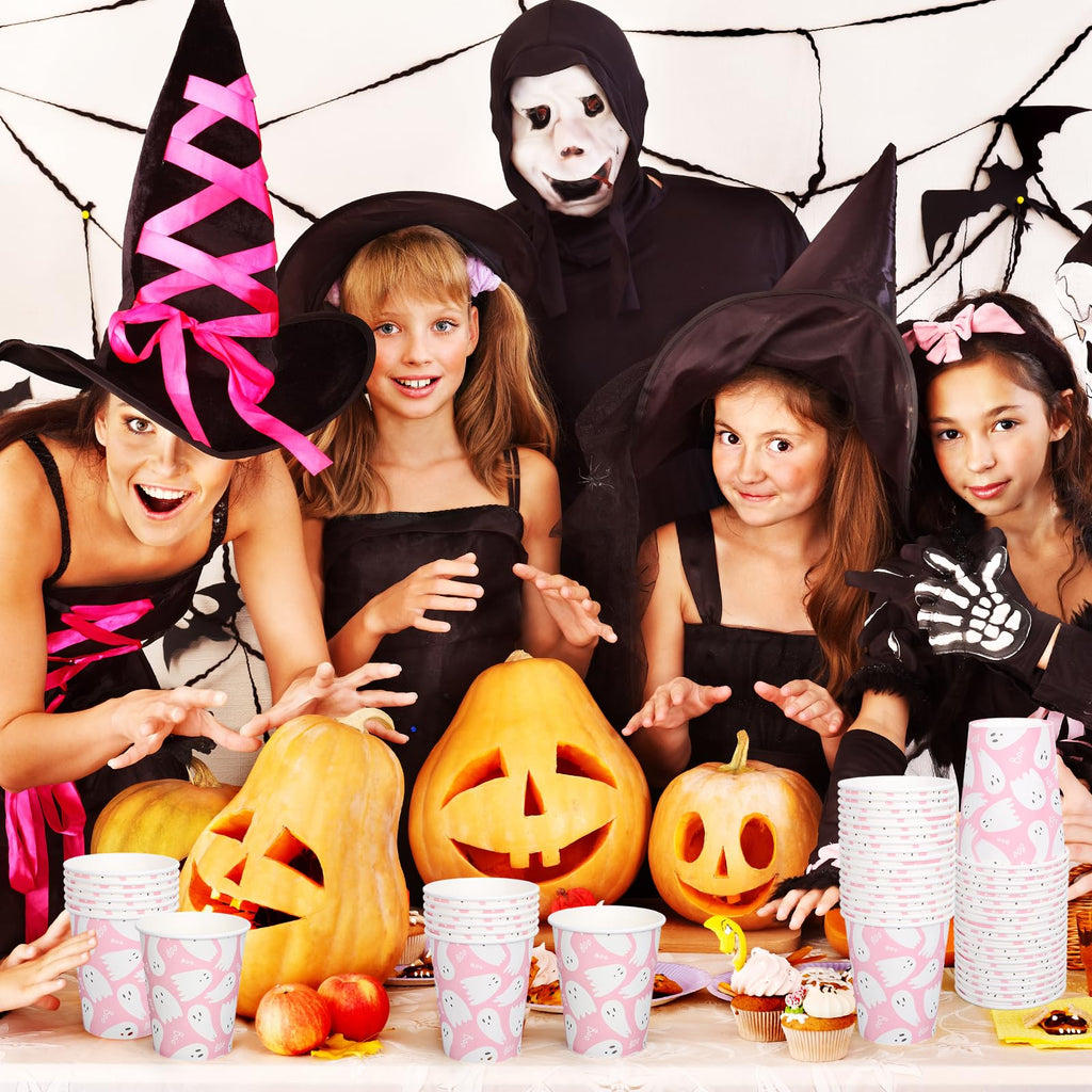 Whaline 50Pcs Halloween Ghost Paper Cups Cute Pink White Ghost Disposable Cups Halloween Party Cups for Cold Hot Coffee Drink Table Decor Supplies, 9 Oz