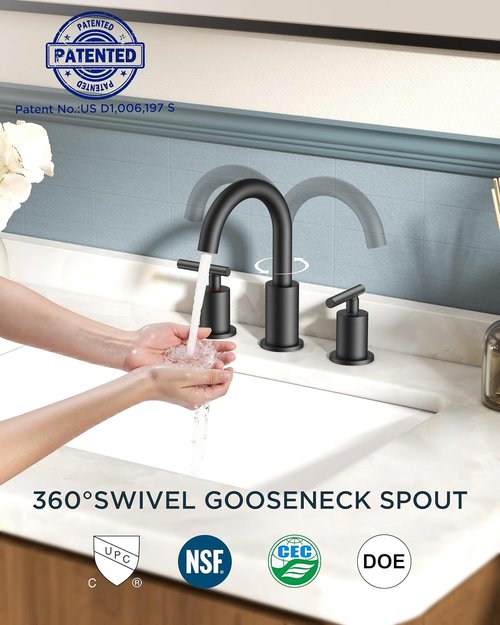 FORIOUS Black Bathroom Faucet - 8-Inch Widespread Matte Black Sink Faucet with 360° Swivel Spout | Includes Pop-Up Drain
