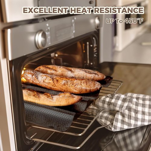 KITESSENSU Nonstick Baguette Pans - Perforated Bakery Tray for 2 Loaves, 15" x 6.3", Silver