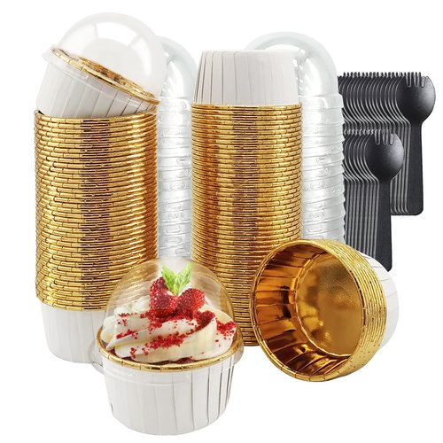 LNYZQUS 5.5 Oz Foil Cupcake Tins Baking Cups, Disposable Ramekins Muffin Tins, Large Cupcake Cups with Spoons-White in Gold