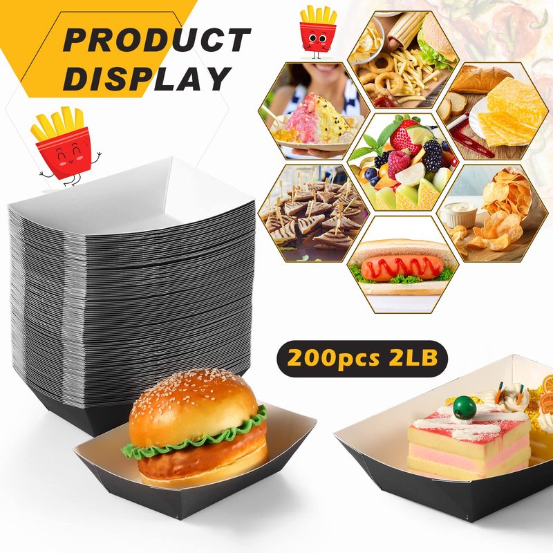 Yinkin 200 Pcs Paper Boat Disposable Graduation Food Trays Nacho Trays Kraft Paper Boats for Tacos Concession Party Supplies(2lb,Black)