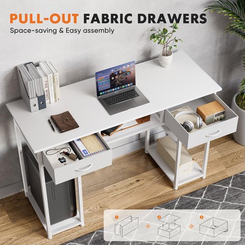 Sweetcrispy Desk with Fabric Drawers, Computer Office 48 Inch Gaming Writing Study 4 Storage Shelves Table for Home Office Bedroom PC Desk, White Wood