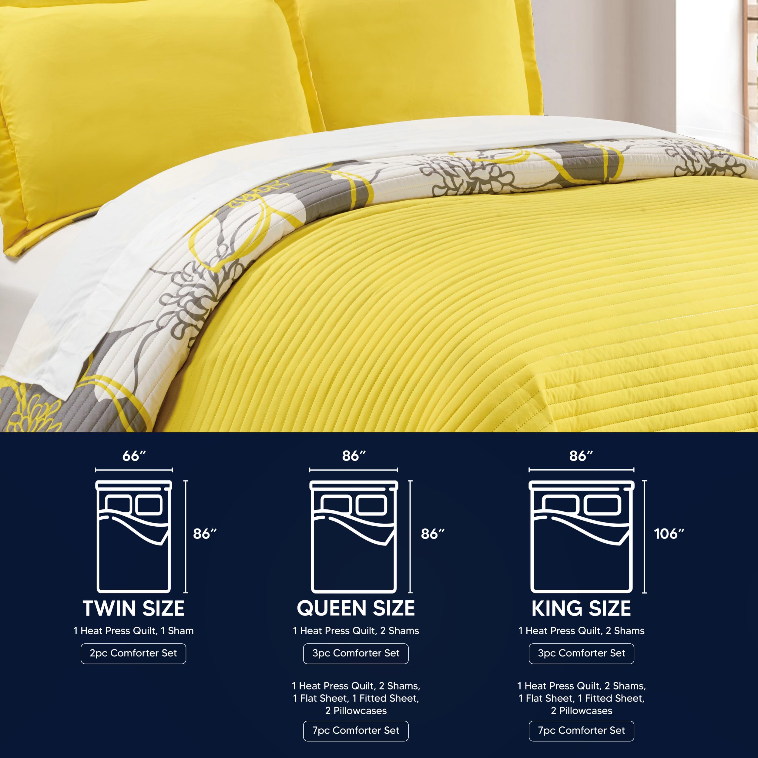 Chic Home - QS1768-AN 3 Piece Woodside Abstract Large Scale Floral Printed with 2 Shams Quilt Set, Queen, Yellow