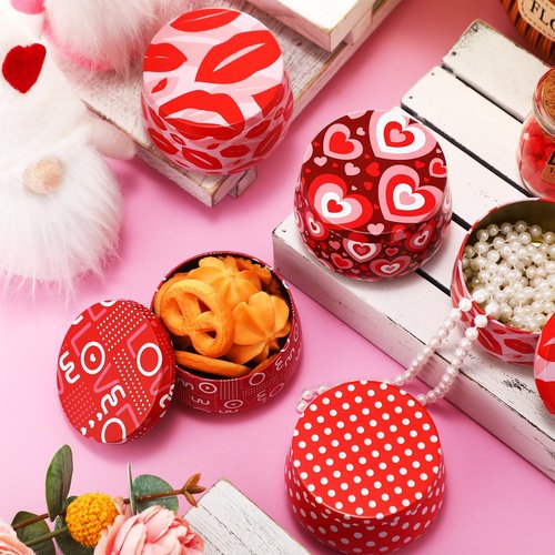Tandefio 48 Pcs Valentine‘s Day Cookie Tins with Lids Metal Candles Candy Container 8 oz Mother's Day Cookie Storage Container Jars Candle Tins for Candle Making Storing Gifts Party Favors