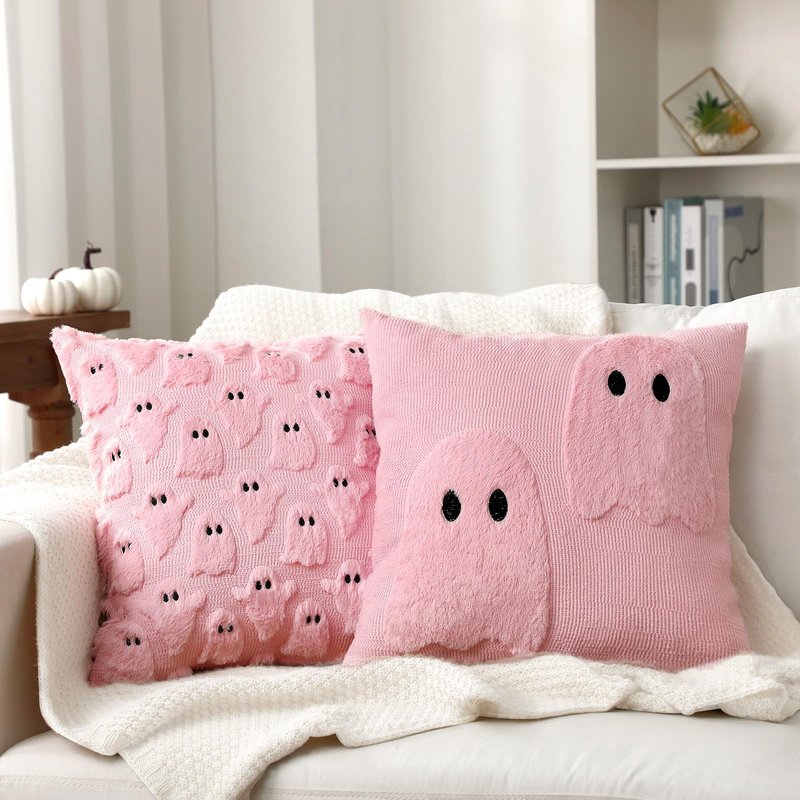 FuWeave 2 Pcs Pink Ghost Halloween Throw Pillows Cover 18 x 18 Cute Ghost Throw Pillowcase Embroidery Plush Furry Spooky Decorative Cushion Cover Pastel Pink Halloween Decoration for Home Sofa Bedroom