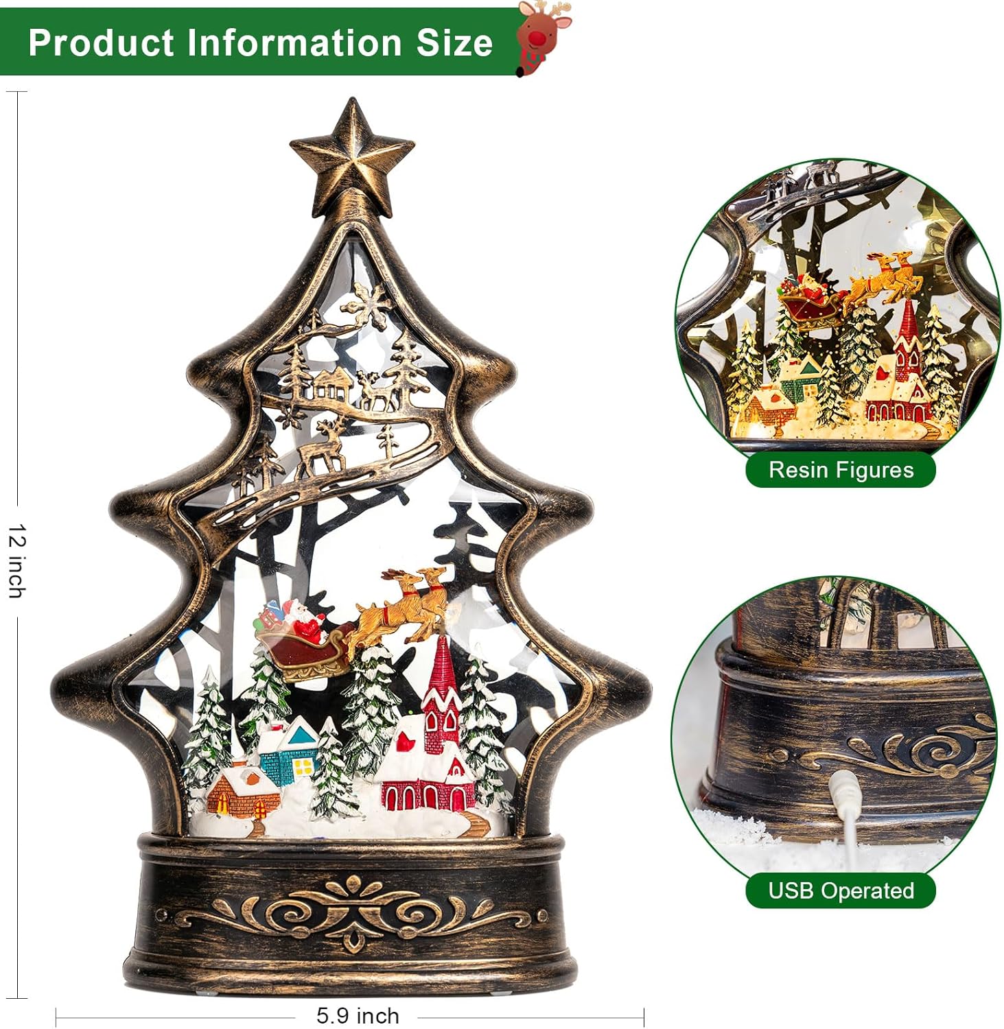 Regine Switzerland Christmas Snow Globe Lantern - Glittering Santa & Deer with Music | USB & Battery Operated
