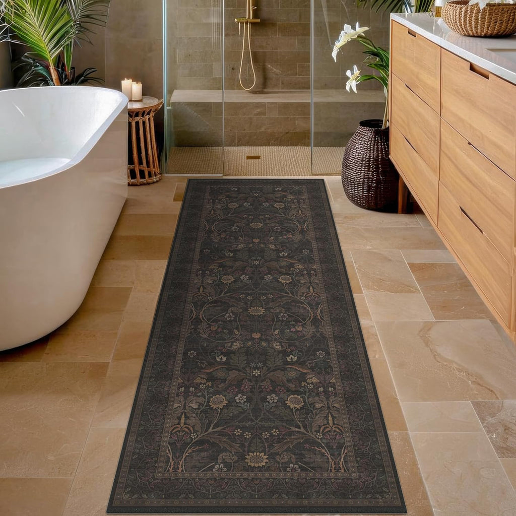 Regine Switzerland Washable 2x6 Kitchen Runner Rug - Non-Slip Dark Brown Floral Design for Farmhouse & Cabin