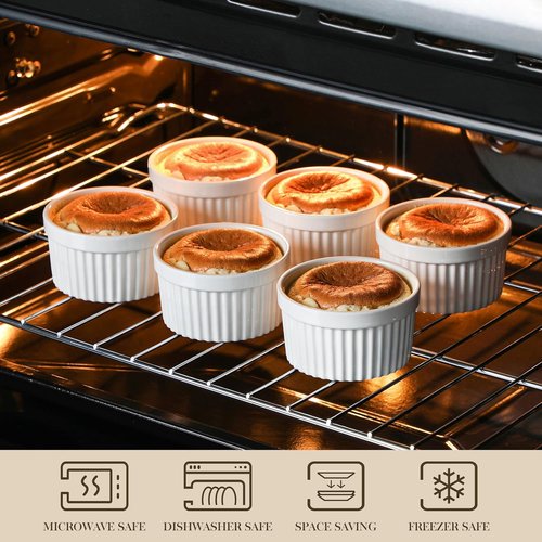 MALACASA Ramekins - 8 oz Oven Safe Porcelain Baking Cups Set of 6 | White Creme Brulee & Souffle Dishes