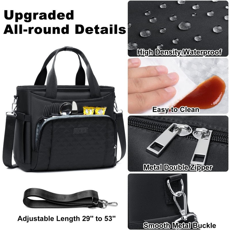 AIJIEKE Insulated Lunch Bag for Men Women, Lunch Box, Lunch Tote for Work, Large Leak Proof Cooler Bag with Removable Strap, Reusable Adult Lunchbag, Picnic, Office, Beach, Black