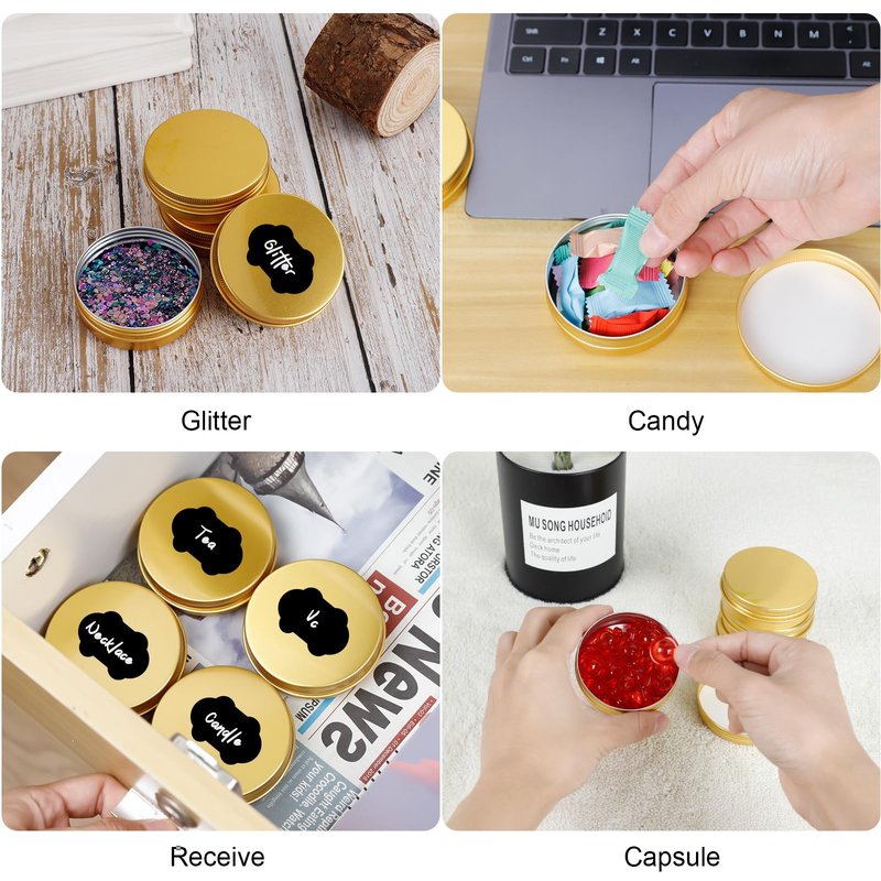 OBKJJ 96 Pack Round Cans with Screw Lid 2 Oz Aluminum Metal Tins DIY Food Candle Containers for Lotion Bars, Balms, Salve, Spices, Beard Balm, Crafts with 4 Markers 3 Sheets Label Stickers (Gold)
