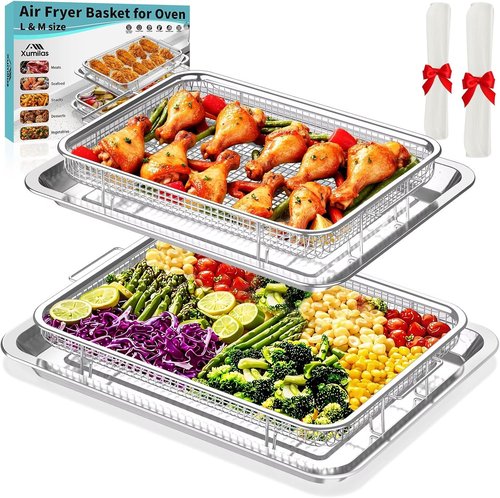 Air Fryer Basket Set by [Brand Name] - Stainless Steel Crisper Tray & Pans | Family-Size Non-Stick, 15"x11" & 12.8"x9.7" with 60 Parchment Papers